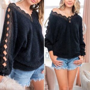 Sweet Love Black V-Neck Sweater with Lace Detail